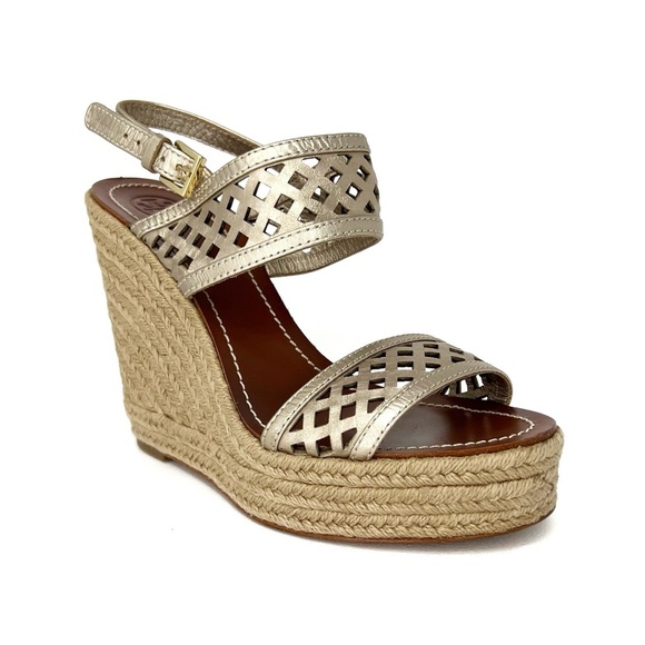 Tory Burch Wedge Espadrille Sandals Size 8 Platinum Metallic Leather Heels Shoes - Picture 1 of 11